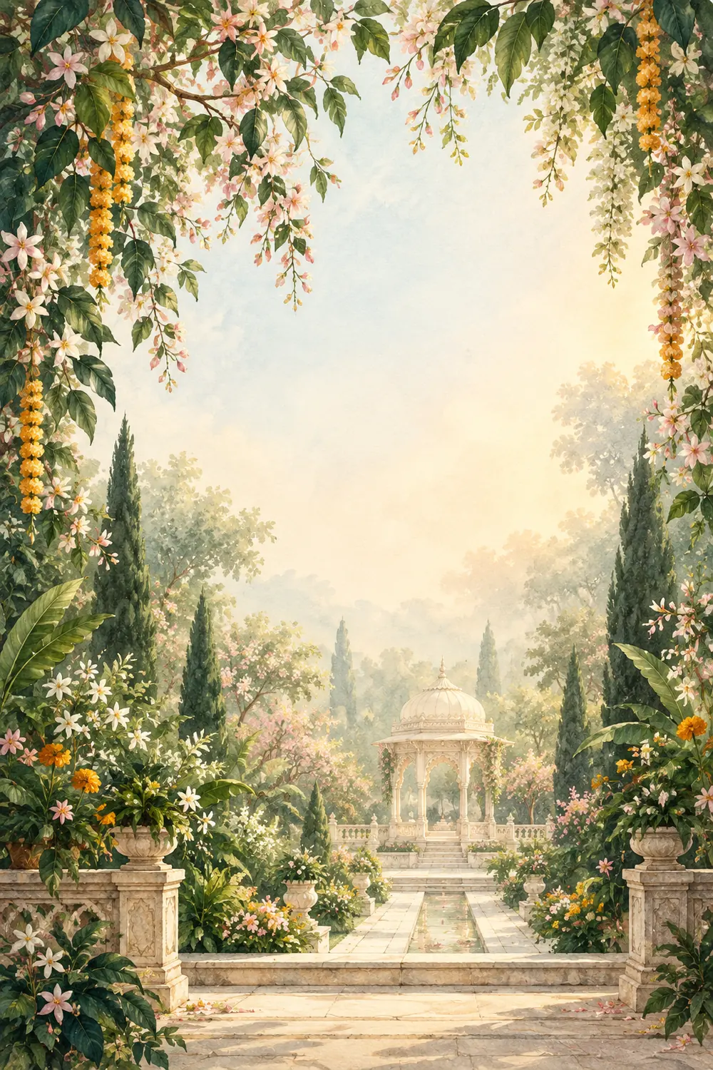 An illustrated garden with flowering branches and a distant pavilion